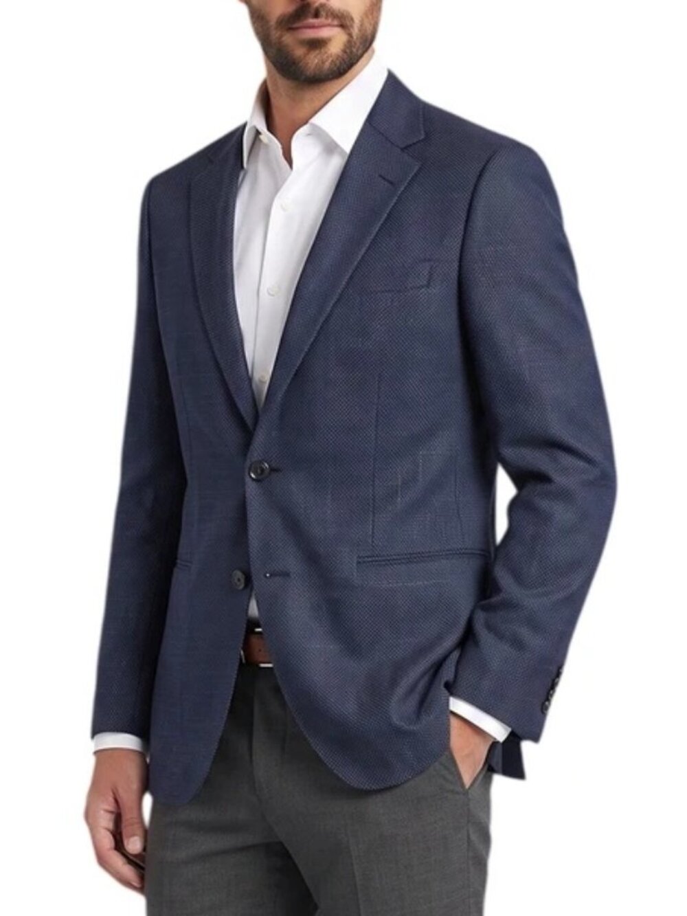 Navy Textured Weave Notch Lapel Slim Fit Men's Jacket